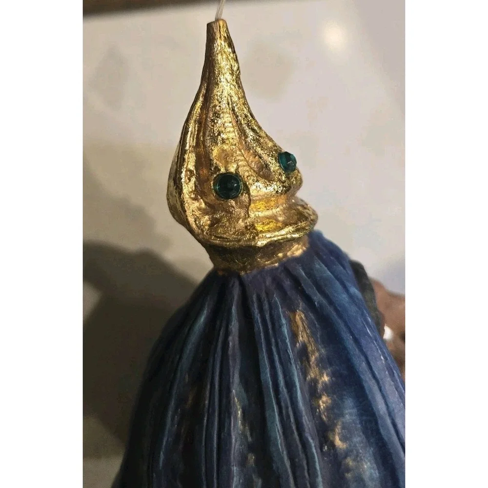 Hand Painted Wise Man Christmas Ornament Gold Crown Blue Hooded Beard Gold Stars